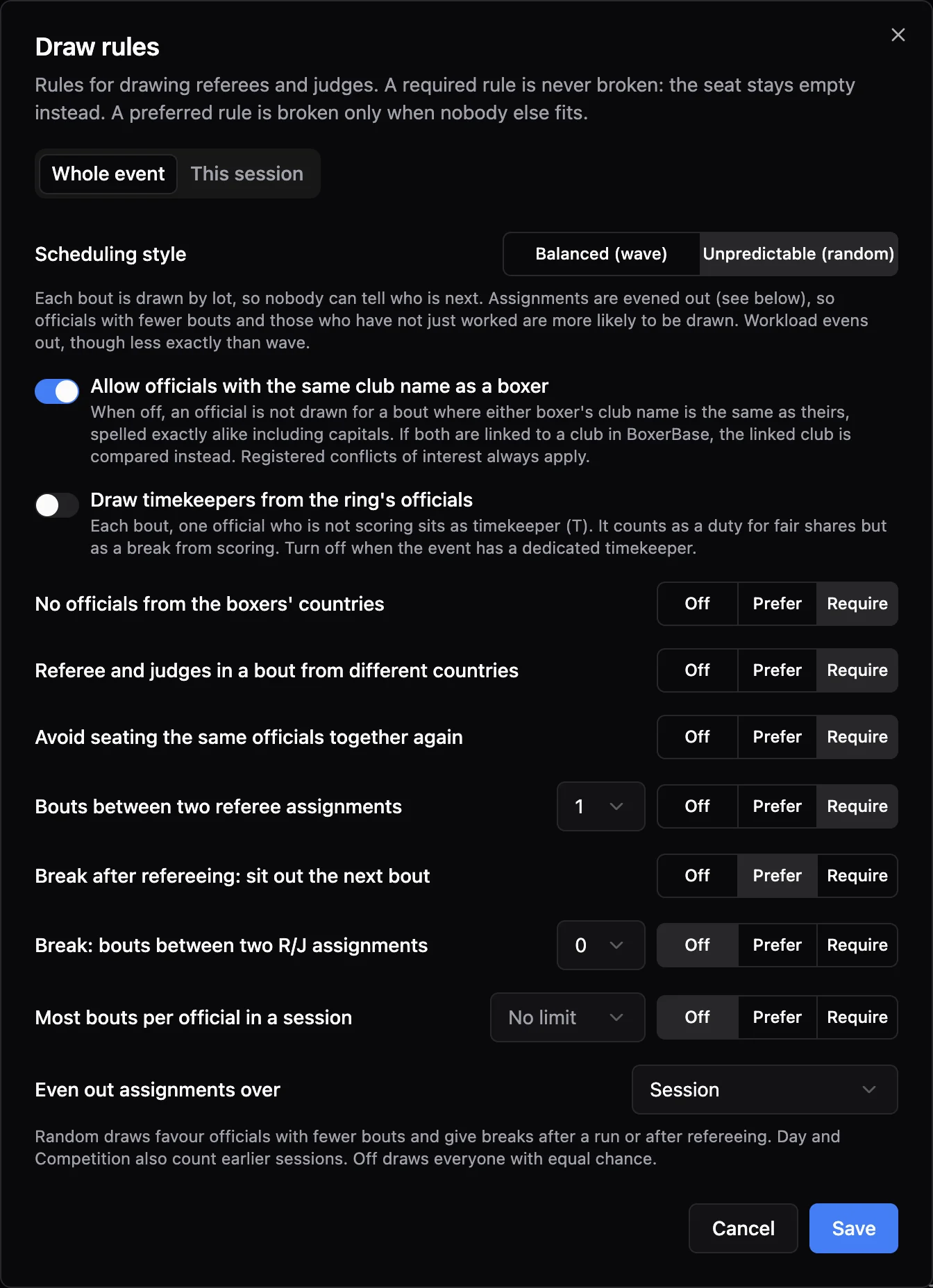 Draw rules dialog